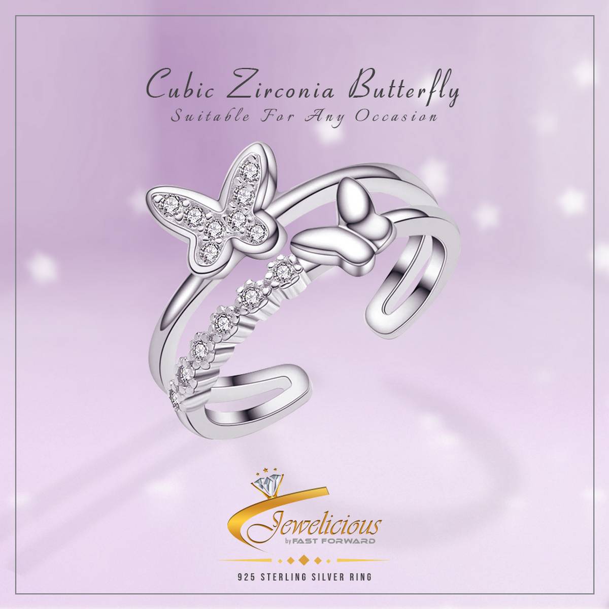 Cubic Zirconia Butterfly Open Ring Adjustable 925 Sterling Silver Jewelicious