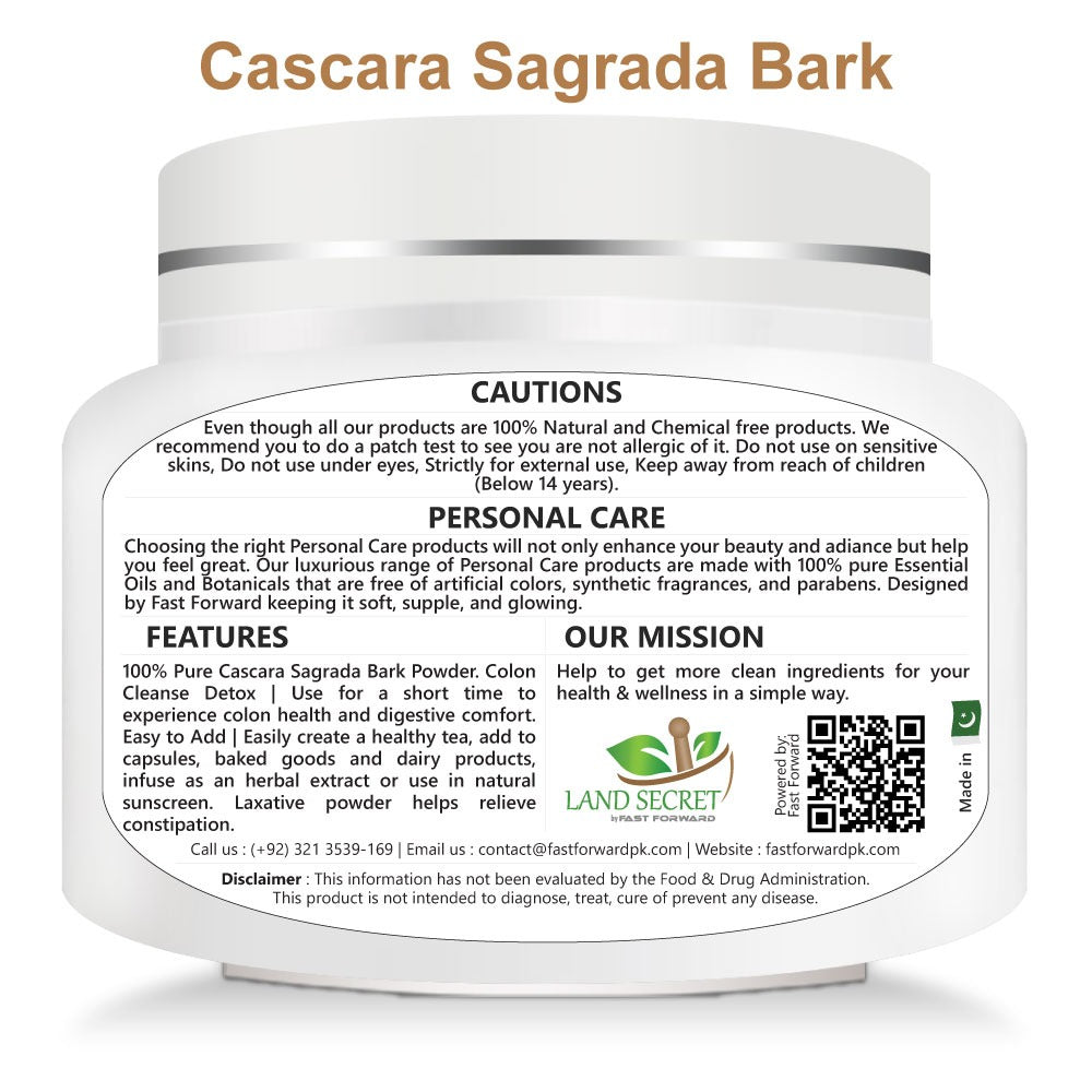 Cascara Sagrada Bark Powder Colon Cleanse Detox — Natural Cleanse and Stool Softener, Healthy Weight Loss Products 100 gm Land Secret