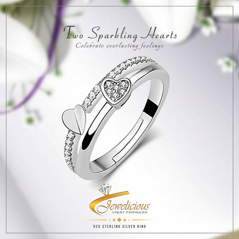 Cubic Zirconia Silver Ring Opening Adjustable Asymmetrical Heart-Shaped Jewelry 925 Sterling Silver Jewelicious