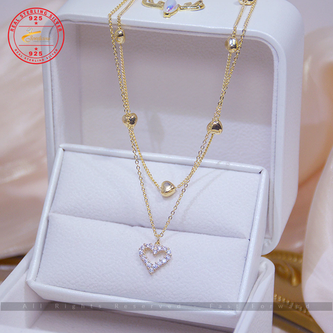 14k Real Gold Double Layer Heart Necklace with AAA Zircon and 925 Sterling Silver Chain for Women - 40+5CM Shining Bling Clavicle Jewelry Jewelicious