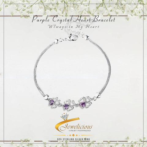 Hollow Flower Pattern Purple Crystal Heart Bracelet Length 20CM 925 Sterling Silver Jewelicious