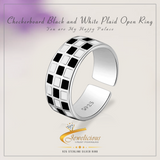 Checkerboard Simple Black and White Plaid Open Ring 925 Sterling Silver Jewelicious